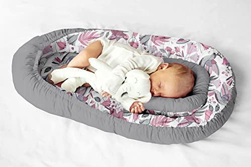 KosPu Multifunktionale Kuschelnest Babynest Kokon für Babys und Säuglinge, Nestchen, Reisebett, 100% Baumwolle, antiallergisch, Rosa Vögel