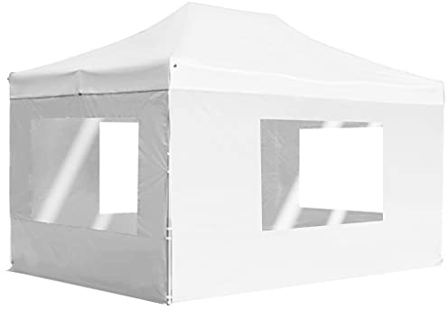 Tonnelle pliante avec parois latérales - Tente de fête d'extérieur - Tente de plage - Fenêtre transparente - Tente de fête professionnelle pliable avec parois en aluminium - 4,5 x 3 m - Blanc