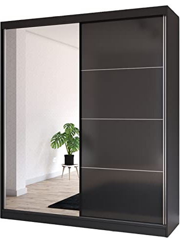 Fabryka Mebli Idźczak Kleiderschrank mit Spiegel, Wohnzimmerschrank - Schwarzer Schwebetürenschrank, Schlafzimmerschrank - ‎61 x 183 x 218 cm - Schrank für Schlafzimmer, Wohnzimmer, Garderobe