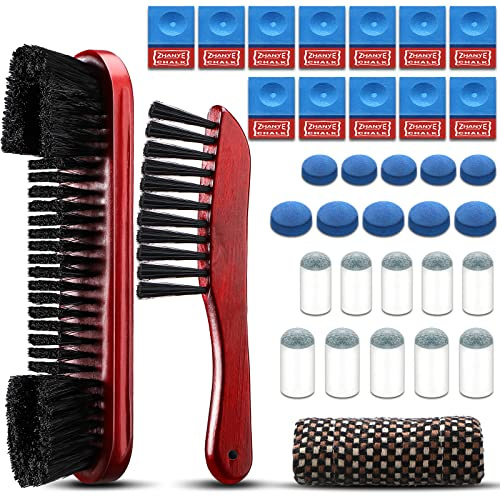 7 Set Billiards Pool Table Brush for Cleaning Pool Table Cleaner Felt Brush Kit Include Snooker Table, Rail Brush 2 Cue Shaft Cloth 12 Pool Cue Chalk Cube 20 Pool Cue Tip Replacement (Brown)