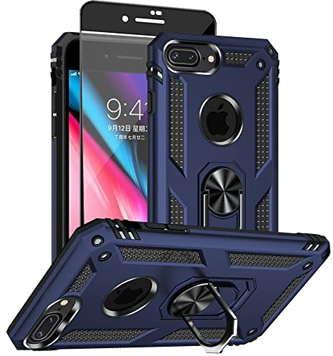 Aozuoton for iphone 8 Plus Case, iphone 7 Plus Phone Case with HD Screen Protector, [Military Grade 16ft. Drop Tested] Ring Shockproof Protective Phone Case for iphone 8/7 Plus Blue