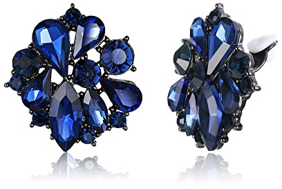 EVER FAITH Boucles d'oreilles Clip d'oreille Fleur pour Femme Fille Cristal Strass Quatre Gouttes d'eau Bleu Ton Noir