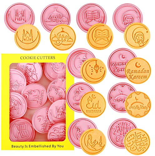 10Pcs Eid Mubarak Cookie Cutters, Pink Ramadan Decoration Cookie Mold Biscuit Molds Cartoon Pattern 3D Cake Baking Tools Muslim Biscuit Mold Suitable for DIY Chocolate Candy