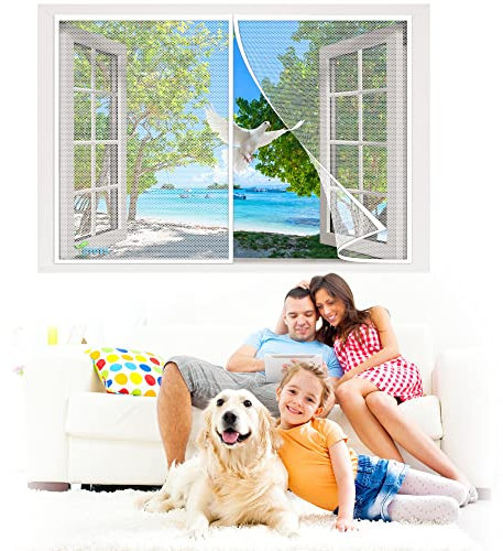 Magnet Fliegengitter BalkonFenster Insektenschutz, 150 x 110 cm Klebemontage Ohne Bohren, Magnet Fliegen Gitter Tür für Wohnzimmertür Schlafzimmertür Schiebetür【Weiß】