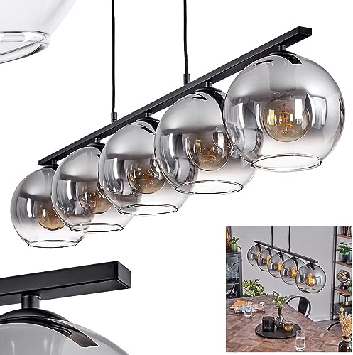 Pendelleuchte Koyoto, Hängelampe aus Metall/Glas in Schwarz/Rauchfarben/Klar, Hängeleuchte im Retro/Vintage-Design mit Glasschirmen (Ø 20 cm), 5-flammig, Höhe max. 116,5 cm, 5 x E27, ohne Leuchtmittel