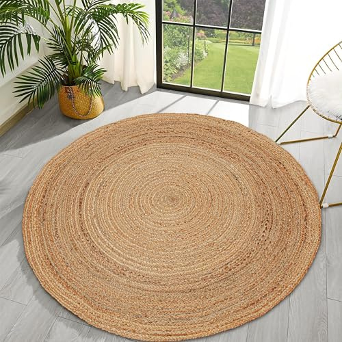 RIANGI Hand Woven Jute Area Rug - 6' Round - Rustic Beige Reversible Farmhouse Rugs for Living Room, Bedroom, Kitchen - Vintage Natural Braided Entry Floor Décor Circle Boho Round Rugs 6ft