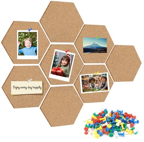 Royouzi 8 StüCk Pinnwand Kork Sechseckige Pinwand Korktafel Diy Korkwand, Mit 64 StüCk Pushpins Selbstklebend Korkplatte, FüR Foto HäNgen, Bulletin Tafeln Heimdekoration Und BüRo Memoranduma