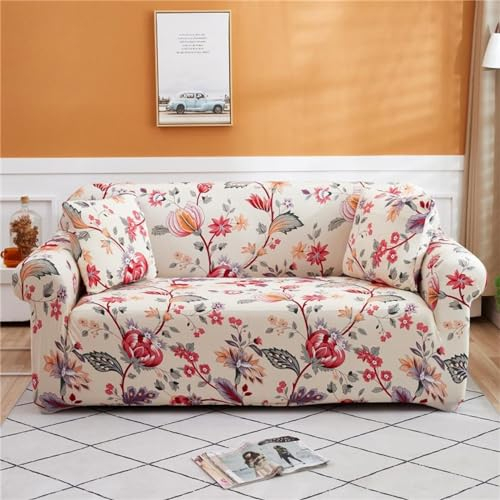 Sofa Überzug 2 Sitzer rote Blumen Sofabezug, Druck Sofaschoner rutschfest, Elastisch Couch Überzug Mit Armlehnen, Sofa Cover Sofahusse Sofaüberwurf Couch Überwurf