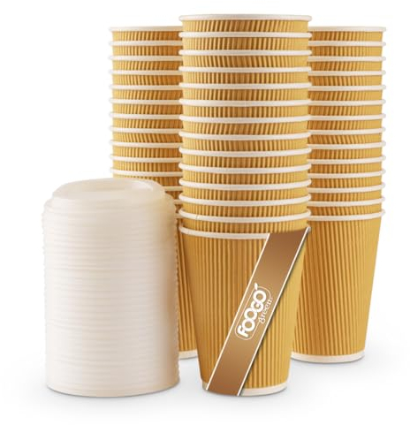 FOOGO Green 25pcs 12oz Disposable Strong Triple-Wall Brown Paper Coffee Cups with Secure Lids, FSC® Certified, Fully Compostable, for Hot Drinks, Takeaway and Parties