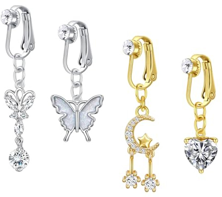 MODRSA 14G Faux Piercing Nombril Acier Chirurgical Papillon Forme Cœur CZ Faux Percing au Nombril Argent Piercing Nombril Anneau Clip on pour Femmes