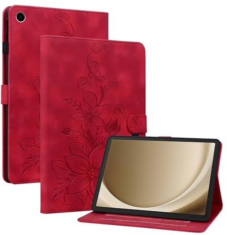 Rosbtib Fodral Samsung Galaxy Tab A9 Plus/A9+ 11 tum 2023 (SM-X210/X216/X218), Slim Fit Folio Vikbar Skyddshölje med Kortplatser Magnetiskt Lås, Röda Liljor