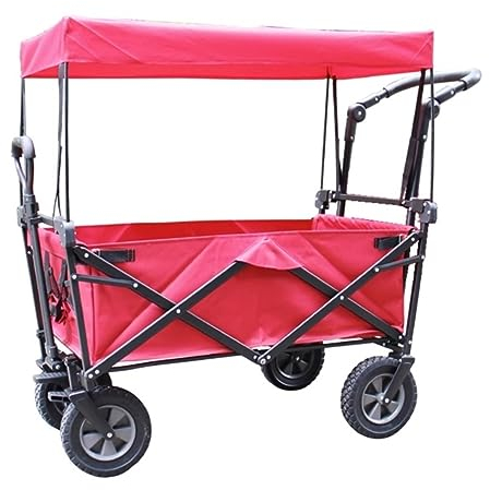 CCYENG Trolley-Karren, zusammenklappbarer Wagen mit Sonnenschutz und Regenschutz, verstellbarem Schiebe- und Ziehgriff, abnehmbarem Canvas-Überdach, Trolley zum Einka