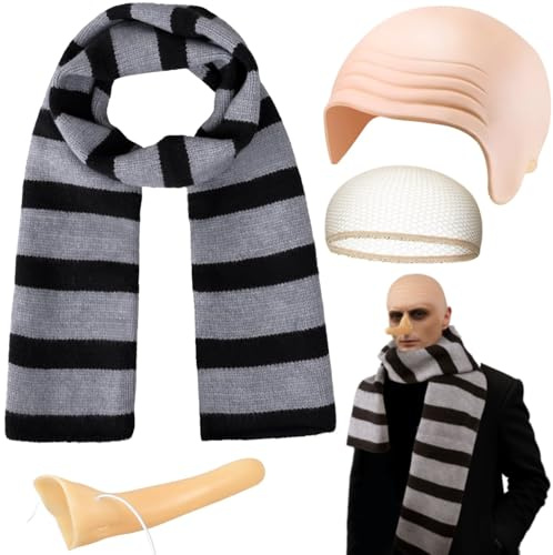 iZoeL Halloween Costume Man Bald Cap and Scarf Nose Movie Fancy Dress for Adults Kids Striped Scarf Halloween Cosplay Party Outfits Accessories