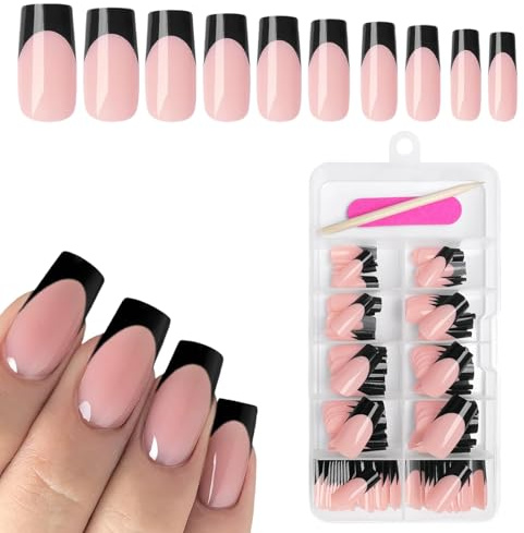 Goiern 120 Stück Schwarze Französische Press on Nails Quadratische Falsche Nägel, Französische Spitzen Nagelpressnägel Lange Gel Glänzende Nüchternnägel Kunstliche
