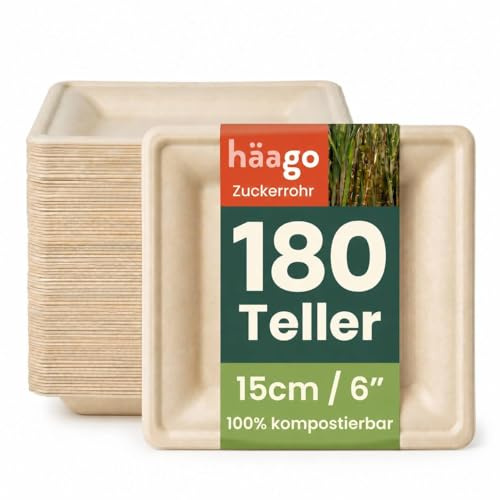 HAAGO 180 Kompostierbare Zuckerrohr Dessertteller, 15 cm / 6 Kleine, Eckige Teller – Stabile, fett- & Auslaufsichere Pappteller – Biologisch abbaubare Einwegteller für Desserts, Snacks, Partys