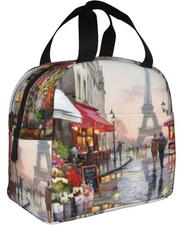 GaxfjRu Ölgemälde Paris Straßenszene Eiffelturm langlebige Naht Lunchtasche – isolierte Kühltasche Lunchtasche für Lunchbox für Erwachsene und Kleinkinder