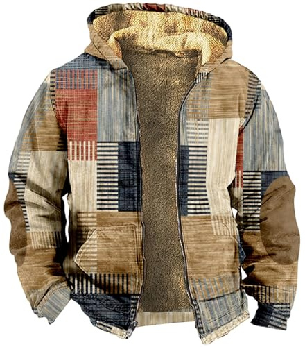 Sweat a Capuche Patchwork a Carreaux pour Hommes, Veste Ethnique a Imprimé Aztèque 3D Vintage de Style Occidental, Manteau D'hiver Manches Longues Fermeture Éclair(Coat F,3XL)