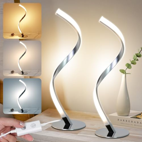 2PCS LED Spiral Tischlampe Stufenlos Dimmbar, Modern Touch Control Nachttischlampe, S förmige Metall Deko-Tischleuchte, 3000K-5000K (Warm/Natur/Kalt Weiß Licht) mit Kabel für Schlafzimmer Wohnzimmer