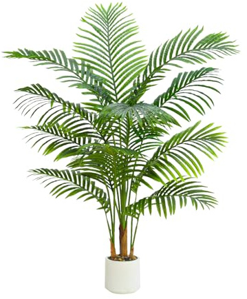 TXABL Artificial Palm Tree Indoor Plants 120 CM Fake Areca Palm Plant in White Pot, Faux Tropical Floor Plant Artificial Silk Plants for Home Office Living Room Farmhouse Modern Decor Indoor Outdoor