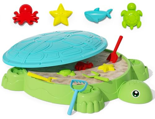 maysida Turtles Sandpit mit 8 PCS Sandspielzeug Set, Sensory Sandkasten mit Abdeckung–Sommer Outdoor Beach Toys, Portable Sand Box Toys für Sand, Wasser und Aufbewahrung für Kinder ab 12 Monaten(Grün)