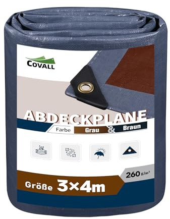 Covall LKW Plane 3x4m | 260g/m² Profiqualität | 920N Reißfestigkeit | Wasserdicht UV-beständig | Grau/Braun für LKW-Abdeckung, Logistik, Baustellen
