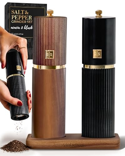 Wooden Salt and Pepper Grinder Set – Refillable Manual Salt and Pepper Mills with Adjustable Ceramic Burrs, Gold Detailing, and Acacia Wood Stand – Ideal Kitchen Gift
