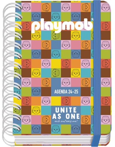 Dohe - Skolkalender 2025 2026 - Dag per sida, Storlek A6 (12x17 cm), Spanska och Engelska, Dubbelspiralbindning och Resårband, Hårt omslag, 4 Klistersidesark - Playmobil Unite As One