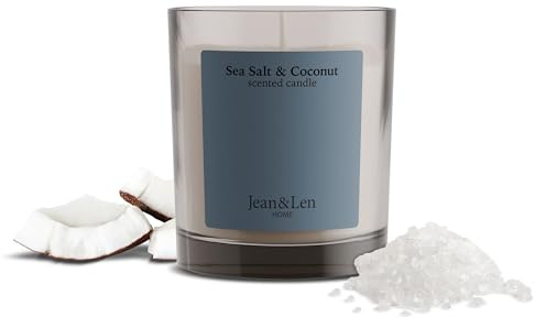Jean & Len Scented Candle Sea Salt & Coconut, elaborada con manteca de karité, duración de combustión aprox. 40 horas, diseño minimalista, aroma exótico, vegano, 195 g