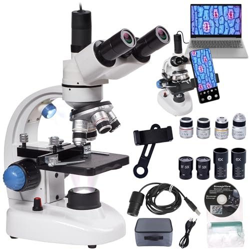 Trinokular-Mikroskope, 200 x 5000 x zusammengesetzte biologische Mikroskope mit elektronischen Okularen, mechanischer Bühnen- und Telefonadapter für Studenten, Erwachsene, Anfänger, Laborunterricht