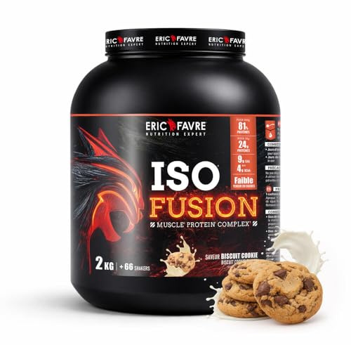 ISO FUSION - 81% de protéines, 9g d’EAA dont 4g de BCAA par shaker - Complexe 5 sources - Haute Digestibilité & Absorption - Faible en Sucres - 2kg - Saveur Cookie - Eric Favre