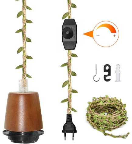 ZRLXFM E27 Portalámparas Colgante con Interruptor Regulable, 5,1m Cable de Lámpara de Cuerda de Cáñamo con Enchufe, Base Para DIY Retro Bombilla, con Cordón Decorativo de Hojas Verdes de 5M