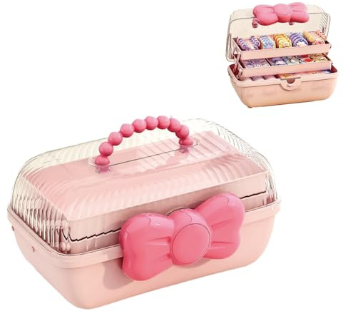 Bssowe Haargummi Aufbewahrung Mit Griff, Haarspangen Haargummi Aufbewahrung Kinder, Organizer Für Mädchen Haarspangen, 3 Etagen Aufbewahrungsbox Haarschmuck Kinder,für Nähzubehör, Haarschmuck (Rosa)