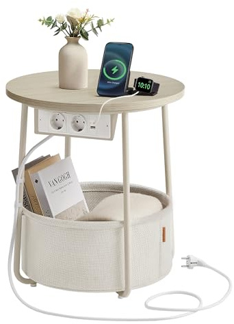VASAGLE LILEA Coleción - Mesa Auxiliar, Mesa Lateral Redonda con Cesta de Tela y Regleta, Espaciosa, para Salón, Dormitorio, Mesita de Noche, Estilo Moderno, Beige Natural y Blanco Crema LET228LL01