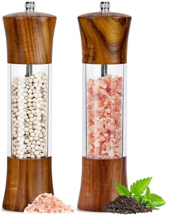 Acacia Wood Salt Grinder and Pepper Grinder Set Premium Acrylic Salt and Pepper Mill Set, Manual Salt and Pepper Mills- Wooden Shakers with Adjustable Ceramic Core 8 Inches 2 Pack