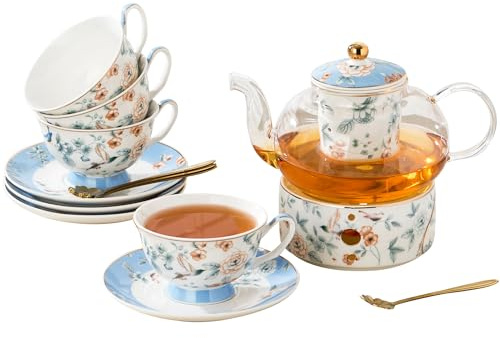 Jusalpha Porcelain Tea Set, Blue Floral Series, 4 Cups and Saucers with Teapot, Warmer, Filter and Spoon, 16 Pieces