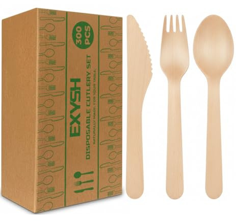 Wooden Cutlery Set 300 Pieces – Disposable Birch Knives Forks & Spoons