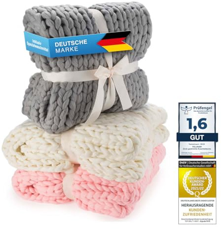 Feluna® Grob gestrickte Kuscheldecke - Grobstrick Wolldecke Strickdecke Tagesdecke Überwurf Decke für Wohnzimmer & Gästezimmer (Wolkengrau)