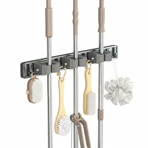 Ziyonix Accroche Balai Mural, Porte Balais Mural avec 3 Supports et 4 Crochets, Réglable Métal Support Balais Mural sans Percage, Attache Balai Mural avec Vis, Porte Outils de Jardin Mural