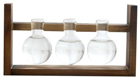 Kisangel Wooden Rack Glass Vase Creative Hydroponic Plant Container Modern Desktop Art Decoration for Plant Decor
