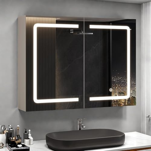 Julyue LED-spegelskåp badrum med uttag och 3 färgtemperaturer, dimbar badrumsspegelskåp, HD anti-dimma spegel, 2 justerbara hyllor och touch-sensor, 80 x 60 x 13,5 cm [energiklass E]