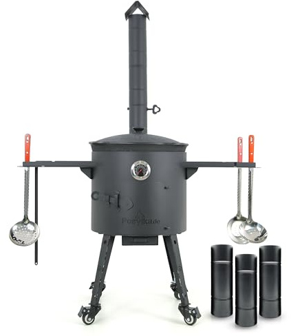Utschak Feuerofen Ø 40cm mit Kazan Gusseisen 12L, Ø 42,5cm | Räder & Ablagen & Schaumlöffel | Kasan-Set mit Deckel | Feuerschale & Gulaschkanone | Usbekisch Topf Wok mit Flachem Boden
