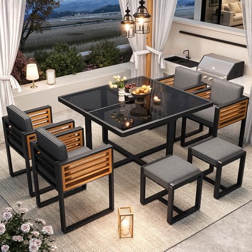Gartenmöbel Set, Sitzgruppe Garten Lounge 6 Stühle mit Tisch, Terrassenmöbel Balkonmöbel für 6 Personen, Gartengarnitur Sitzgarnitur Garten Essgruppe, Glastischplatte (Grau B, 6 Stühle mit Tisch)