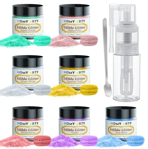 HOMY ARTY Essbares Glitzer Spray Set - 7 Farben Geschmacklos Essbare | Glitzerpulver für Getränke, Lebensmittelfarbe Pulver, Essbarer Glitzer für Torte, Cocktails, Glitzerspray Essbar - 4g