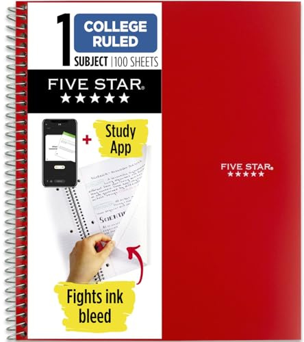 Five Star Spiral Notebook Plus Study App, 1 Subject, College Ruled Paper, 100 Sheets, 8-1/2 x 11, Fire Red (72053)