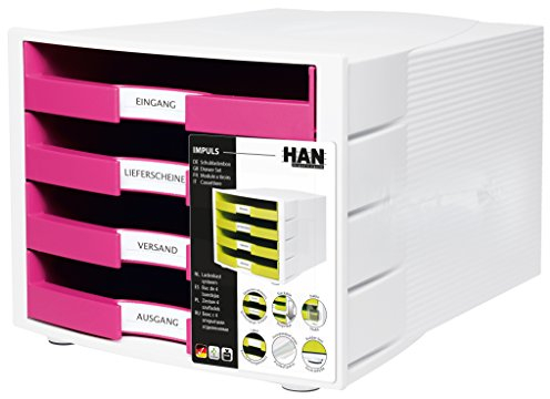 HAN Schubladenbox IMPULS, DIN A4/C4, 4 offene Schubaden, gefolt, weiß-TC pink