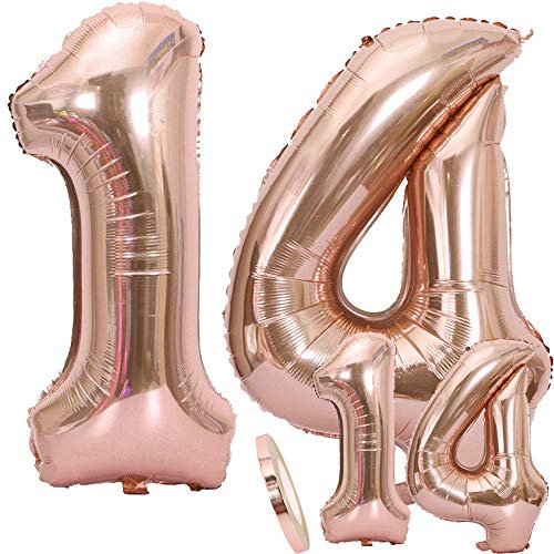 Globos Número 14 Cumpleaños XXL de oro rosa - Helio Globo de lámina gigante en 2 tamaños 40 y 16 | Set XXL 100cm + Mini 40cm version Decoraciones de cumpleaños |Ideal para el 14 Años como decoración