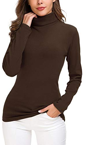 EXCHIC Donna Casuala Solido Manica Lunga Adatto Maglione Dolcevita Elastico Felpa Pullover (S, caffè)