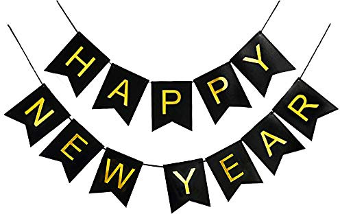 Oblique Unique® Happy New Year Wimpel Girlande Banner Wimpelkette Hängedeko für Silvester Neujahr Party Feier Deko Schwarz Gold