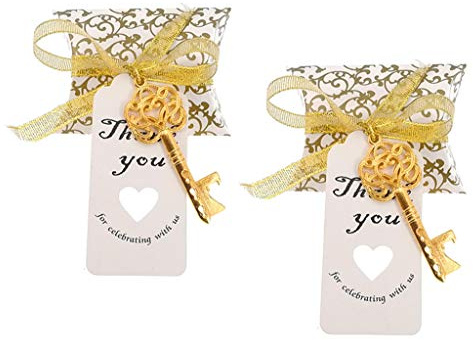 50 abrebotellas de llave de esqueleto para boda, fiesta, recuerdo de recuerdo con caja de dulces y cinta (estilo 2 (dorado)