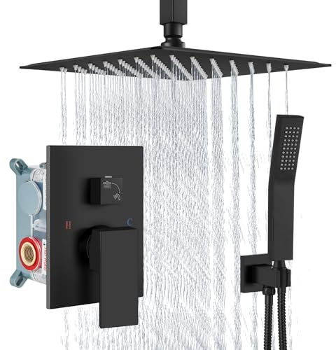 Aolemi Ceiling Mount Shower System Rain Shower Head with Handheld Spray High Pressure Shower Faucet Set Rough-in Valve Shower Trim Kit Included Bathroom Matte Black 12 Inch Ceiling Shower Head